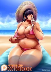 Rule 34 | 1girl, beach, belly, bikini, bikini pull, black hair, blunt bangs, breasts, brown eyes, cleavage, clothes pull, day, doctor zexxck, fat, food, hat, highres, huge breasts, ice cream, long hair, navel, original, painttool sai, plump, pulled by self, sand, side-tie bikini bottom, sitting, solo, straw hat, sun hat, sweat, swimsuit, thick thighs, thighs, towel, wide hips