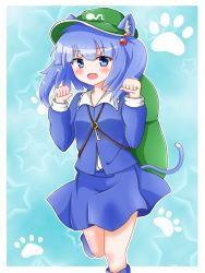 Rule 34 | 1girl, animal ears, arms up, backpack, bad id, bad pixiv id, bag, blue eyes, blue hair, blush, cat ears, cat tail, dress, dress shirt, fang, frilled shirt collar, frills, hair bobbles, hair ornament, hat, houkiboshi, kawashiro nitori, kemonomimi mode, key, leg lift, leg up, long sleeves, looking at viewer, matching hair/eyes, open mouth, paw pose, paw print, pigeon-toed, shirt, skirt, skirt set, smile, solo, standing, standing on one leg, star (symbol), tail, touhou, twintails, two side up, white shirt