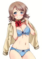 Rule 34 | 1girl, absurdres, blue bra, blue eyes, blue panties, blush, bow, bow bra, bow panties, bowtie, bra, breasts, brown hair, cleavage, cowboy shot, grin, groin, hair ornament, highres, light brown hair, looking at viewer, love live!, love live! sunshine!!, medium breasts, midriff, navel, panties, red bow, red bowtie, sankuro (agoitei), scan, shirt, short hair, simple background, smile, solo, stomach, underwear, undressing, watanabe you, white background