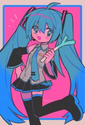Rule 34 | 1girl, ahoge, artist name, bare shoulders, black footwear, black skirt, blue eyes, blue hair, blue necktie, blush stickers, boots, border, collared shirt, colored skin, commentary, detached sleeves, food, grey border, grey shirt, hair between eyes, hair ornament, hand on own hip, hand up, hatsune miku, highres, holding, holding food, holding spring onion, holding vegetable, leg up, long hair, long sleeves, looking to the side, menma (enaic31), miniskirt, necktie, open mouth, outside border, pink background, pink skin, pleated skirt, shirt, sidelocks, simple background, skirt, smile, solo, spring onion, standing, standing on one leg, twintails, vegetable, vocaloid, wide sleeves