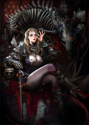Rule 34 | 1girl, armor, armored boots, armored dress, blood, bone, boobplate, boots, breastplate, breasts, brown eyes, brown hair, cleavage, closed mouth, commentary, gauntlets, glowing, glowing eyes, hand up, high heel boots, high heels, highres, holding, holding sword, holding weapon, knee boots, large breasts, legs, crossed legs, lipstick, long hair, long sleeves, looking at viewer, makeup, matching hair/eyes, monocle, nose, original, pauldrons, red eyes, red lips, red lips, shoulder armor, sitting, skeleton, solo, sword, throne, vikiye, weapon