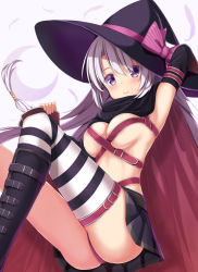 Rule 34 | 1girl, arm up, ass, ayachi nene, bad id, bad pixiv id, belt, black footwear, black skirt, blush, boots, bow, breasts, cape, cleavage, closed mouth, crescent, detached sleeves, feathers, hat, knee boots, long hair, medium breasts, pink bow, purple eyes, rurukuru, sanoba witch, sideboob, silhouette, silver hair, single thighhigh, skirt, smile, solo, striped bow, striped clothes, striped thighhighs, thighhighs, very long hair, white background, witch, witch hat