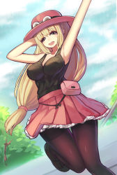 Rule 34 | 10s, 1girl, arm up, bag, bare shoulders, black pantyhose, blonde hair, blue eyes, blush, breasts, cleavage, creatures (company), game freak, hat, highres, large breasts, long hair, nintendo, open mouth, outdoors, pantyhose, pokemon, pokemon xy, ponytail, ririko (zhuoyandesailaer), serena (pokemon), skirt, smile, solo, standing, thigh gap, very long hair