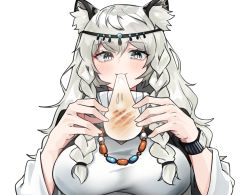 Rule 34 | 1girl, animal ear fluff, animal ears, arknights, bead necklace, beads, braid, dress, eating, food, grey eyes, highres, jewelry, leopard ears, leopard girl, light blush, long hair, mochi, necklace, poyano, pramanix (arknights), side braids, silver hair, simple background, solo, turtleneck, turtleneck dress, twin braids, upper body, wagashi, white background, white dress