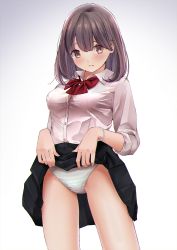 Rule 34 | 1girl, black skirt, blush, bow, bowtie, breasts, brown eyes, brown hair, chikuwa (odennabe), closed mouth, clothes lift, collared shirt, cowboy shot, dress shirt, glitch, gradient background, green panties, lifted by self, looking at viewer, original, panties, pleated skirt, red bow, red bowtie, school uniform, shirt, simple background, skirt, sleeves rolled up, small breasts, solo, striped clothes, striped panties, tareme, thighs, underwear, white background, white shirt
