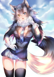 Rule 34 | 10s, 1girl, animal ears, between breasts, black hair, black thighhighs, blue eyes, blush, breasts, fang, fur collar, gloves, grey wolf (kemono friends), heterochromia, highres, kemono friends, long hair, looking at viewer, multicolored hair, necktie, necktie between breasts, open clothes, open mouth, open shirt, pleated skirt, rahato, shirt, skirt, solo, tail, thighhighs, two-tone hair, wolf ears, wolf tail, yellow eyes