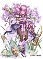 Rule 34 | 1girl, black pantyhose, blue eyes, boots, braid, closed mouth, copyright name, double bun, doughnut hair bun, expressionless, flower, flower knight girl, full body, hair bun, hair ornament, holding, holding staff, knee boots, looking at viewer, name connection, object namesake, official art, pantyhose, pink hair, shield, short hair, solo, staff, standing, tassel, tsurubakia (flower knight girl), yuru