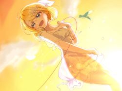 Rule 34 | 1girl, bird, blonde hair, blue eyes, bow, commentary, contrapposto, cowboy shot, daisy, dress, dutch angle, fairy dress (module), flower, from side, hair bow, hair flower, hair ornament, hand up, highres, kagamine rin, kanato 1227, one-hour drawing challenge, orange theme, short hair, silhouette, smile, solo, string, string of fate, sunset, upper body, vocaloid, white bow