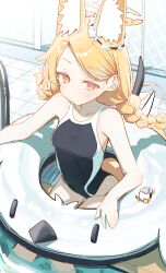 Rule 34 | 1girl, absurdres, alternate costume, animal ears, bird, black one-piece swimsuit, blonde hair, blue archive, braid, bright pupils, competition swimsuit, halo, highres, long hair, looking at viewer, one-piece swimsuit, partially submerged, pool, red eyes, seia (blue archive), sitting, solo, swimsuit, syhan, twin braids, water, white pupils, yellow halo