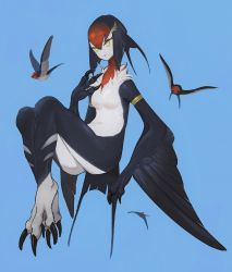 Rule 34 | 1girl, absurdres, animal feet, animal hands, armlet, bird, bird girl, bird tail, bird wings, black hair, black skin, blonde hair, blue background, claws, colored skin, daon (kenta111881), feather hair, feathered wings, full body, hand up, harpy, highres, knees up, looking away, monster girl, nude, original, red hair, red skin, solo, swallow (bird), tail, talons, white skin, winged arms, wings, yellow eyes