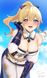 Rule 34 | 1girl, :d, artist name, bare shoulders, black bow, blonde hair, blue eyes, blue sky, bow, breasts, cleavage, cloud, cowboy shot, day, detached collar, detached sleeves, fukuro daizi, gauntlets, genshin impact, hair bow, hand up, highres, jean (genshin impact), leaning forward, looking at viewer, medium breasts, open mouth, outdoors, ponytail, short hair, simple background, sky, smile, solo, standing, teeth, upper teeth only