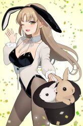 Rule 34 | 1girl, ;d, animal ears, black hat, black leotard, breasts, brown eyes, bunny day, cleavage, commentary, detached collar, fake animal ears, furukawa raku, hat, highres, leotard, light brown hair, long hair, medium breasts, nijisanji, one eye closed, open mouth, pantyhose, parted bangs, rabbit, rabbit ears, sister claire, smile, solo, straight hair, strapless, strapless leotard, top hat, virtual youtuber