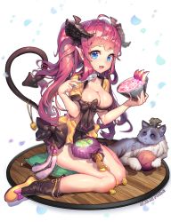 Rule 34 | 1girl, ahoge, animal, animal ears, apple, apple slice, artist name, bag, basket, blue eyes, boots, bow, bow legwear, bowl, breasts, brown bow, brown legwear, cat, cleavage, coin, collarbone, crown, dated, demon tail, dress, drooling, eating, eyelashes, fang, fingernails, food, fruit, full body, gold, hands up, holding, holding spoon, holding with tail, horns, knees together feet apart, large breasts, long hair, loose socks, mini crown, muloli, open mouth, original, petals, pillow, pink hair, pointy ears, pouch, prehensile tail, red hair, shoes, short dress, short sleeves, sitting, smile, socks, spoon, tail, tassel, wariza, whiskers, yarn, yarn ball, yellow footwear