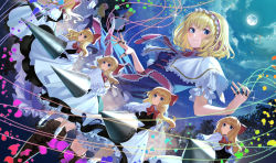 Rule 34 | 1girl, absurdres, alice margatroid, blonde hair, blue dress, blue eyes, boots, capelet, cloud, cloudy sky, doll, dress, hair ribbon, hairband, highres, lance, lolita hairband, moon, night, night sky, petals, polearm, puppet rings, puppet strings, ribbon, ring, shanghai doll, short hair, sky, string, touhou, weapon, white capelet, yokujitsu
