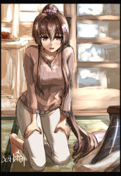 Rule 34 | 1girl, blush, breasts, brown hair, brown sweater, capri pants, flower, food, hair flower, hair ornament, highres, kantai collection, large breasts, long hair, looking at viewer, open mouth, pants, ponytail, seitei (04seitei), sidelocks, sitting, sweater, very long hair, yamato (kancolle)