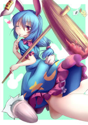 Rule 34 | 1girl, ?, absurdres, animal ears, aqua background, blue dress, blue hair, bullet, dango, dior-zi, dress, earclip, finger to mouth, food, food in mouth, frilled skirt, frilled sleeves, frills, heart, highres, kine, long hair, looking at viewer, looking back, low-tied long hair, mallet, one eye closed, ponytail, rabbit ears, rabbit tail, red eyes, ringo (touhou) (bunny), seiran (touhou), short sleeves, skirt, smile, tail, touhou, wagashi