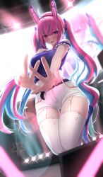 Rule 34 | 1girl, absurdres, ahoge, animal ear legwear, bare shoulders, belt, black belt, blue hair, blue shirt, blush, bow, cat ear legwear, colored inner hair, daran9, double w, glowstick, hair bow, highres, hololive, long hair, looking at viewer, minato aqua, multicolored hair, open mouth, outstretched arms, pink eyes, pink hair, shirt, short shorts, shorts, sidelocks, sleeveless, sleeveless shirt, smile, solo, stage, stage lights, star (symbol), streaked hair, teeth, thigh gap, thighhighs, twintails, two-tone hair, upper teeth only, virtual youtuber, w, white shorts, white thighhighs