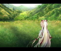 Rule 34 | 1girl, bow, female focus, fujiwara no mokou, hair bow, landscape, letterboxed, long hair, mathnote, nature, ponytail, scenery, silver hair, solo, suspenders, touhou, very long hair