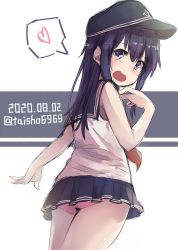 Rule 34 | 1girl, adapted costume, akatsuki (kancolle), alternate sleeve length, ass, black hair, black sailor collar, black skirt, dated, flat cap, from behind, hat, heart, highres, kantai collection, looking at viewer, looking back, one-hour drawing challenge, open mouth, panties, pink panties, pleated skirt, purple eyes, round teeth, sailor collar, shirt, skirt, sleeveless, sleeveless shirt, solo, spoken heart, taisho (gumiyuki), teeth, twitter username, two-tone background, underwear, upper teeth only, white background