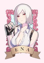 Rule 34 | 1girl, bare arms, black gloves, bob cut, breasts, character name, cleavage, closed mouth, collarbone, collared shirt, commentary, ena (hara kenshi), english text, fingerless gloves, framed, gloves, hand up, hara kenshi, highres, large breasts, looking at viewer, no bra, open clothes, open shirt, original, pink background, red eyes, shirt, short hair, shoulder strap, sleeveless, sleeveless shirt, solo, strap pull, upper body, white hair, white shirt