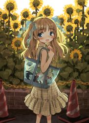 Rule 34 | 1girl, :d, absurdres, backlighting, bag, blue bow, blue eyes, blush, bow, chain, child, collared dress, cone, dress, female focus, flower, hair bow, highres, long hair, open mouth, original, plaid, plaid dress, sleeveless, sleeveless dress, smile, solo, sunflower, tareme, two side up, zinbei
