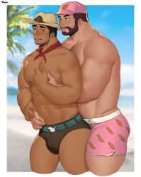 2boys bara baseball_cap beard beard_stubble black_male_swimwear brown_hair bulge carrot_print coral_island couple cowboy_shot dark_skin dry_humping facial_hair farmer_(thediomedez) food_print from_side full_beard grabbing_from_behind hairy hat highres humping kenny_(coral_island) large_pectorals looking_back male_focus male_swimwear multiple_boys muscular muscular_male nipples original pectoral_grab pectorals pink_hat pink_male_swimwear seductive_smile short_hair smile sparse_arm_hair sparse_chest_hair standing stubble swim_briefs tacco_(el_tacc0) thick_eyebrows thick_navel_hair thick_thighs thighs yaoi