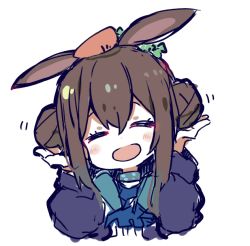 Rule 34 | 1girl, amiya (arknights), animal ears, arknights, blue jacket, brown hair, carrot, closed eyes, hair between eyes, holding, holding hair, jacket, long sleeves, medium hair, object on head, open clothes, open jacket, open mouth, rabbit ears, shirt, sidelocks, simple background, solo, sukima (crie), upper body, white background
