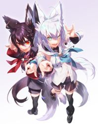 Rule 34 | 2girls, ahoge, animal ear fluff, animal ears, anywhere knock, aqua eyes, black footwear, black hair, black legwear, black shirt, black shorts, blue neckerchief, boots, braid, breasts, commentary, dark persona, detached sleeves, double n/, fox ears, fox girl, fox tail, full body, gradient background, hair between eyes, highres, hololive, hood, hood down, kurokami fubuki, long hair, long sleeves, looking at viewer, medium breasts, multiple girls, \\n/, neckerchief, open mouth, outstretched arm, red eyes, red neckerchief, shirakami fubuki, shirakami fubuki (1st costume), shirt, shorts, standing, standing on one leg, tail, thighhighs, very long hair, virtual youtuber, white hair, white shirt