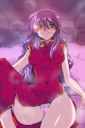 Rule 34 | 1girl, alternate costume, blush, breasts, brown eyes, cameltoe, china dress, chinese clothes, come hither, covered erect nipples, covered navel, dress, glasses, highres, legs, long hair, looking at viewer, medium breasts, panties, pantyshot, purple hair, ri kouran, sakura taisen, sega, sitting, solo, thick thighs, thighs, underwear