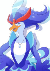 Rule 34 | 1boy, beak, bird, blue eyes, blue feathers, blue fur, blue hair, body fur, creatures (company), duck, feathers, game freak, haganenouma, jewelry, looking at viewer, looking to the side, necklace, nintendo, open mouth, peacock, pokemon, pokemon (creature), quaquaval, tail, white fur