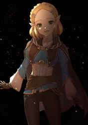 Rule 34 | 1girl, absurdres, black background, blonde hair, blush, braid, breasts, brown pants, cape, commentary request, cowboy shot, crown braid, fingerless gloves, forehead, gloves, green eyes, hair ornament, hairclip, highres, long sleeves, looking at viewer, nintendo, open mouth, pale skin, pants, parted bangs, pointy ears, princess zelda, short hair, smile, solo, tete tuyuten, the legend of zelda, the legend of zelda: breath of the wild, the legend of zelda: tears of the kingdom, triforce