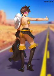 Rule 34 | 1girl, ;), absurdres, ass, aviator sunglasses, back, bikini, bikini top only, bikini under clothes, black skirt, blurry, blurry background, boots, character name, clothes lift, cowboy hat, depth of field, desert, from behind, glasses, hat, hat on back, high heel boots, high heels, highres, hitchhiking, looking at viewer, looking back, miniskirt, one eye closed, overwatch, overwatch 1, panties, pantyshot, pink-tinted eyewear, pink-tinted glasses, pleated skirt, renyu1012, road, shoe soles, skirt, skirt lift, smile, solo, standing, sunglasses, swimsuit, thigh boots, thighhighs, tinted eyewear, tracer (overwatch), underwear, unworn vest, wind, wind lift, wink, yellow bikini, yellow panties