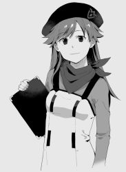 Rule 34 | 1girl, banned artist, beret, breasts, clipboard, closed mouth, cropped legs, evangelion: 3.0 you can (not) redo, greyscale, hat, holding, holding clipboard, long hair, looking at viewer, makio (makiomeigenbot), monochrome, neon genesis evangelion, rebuild of evangelion, simple background, small breasts, solo, suzuhara sakura
