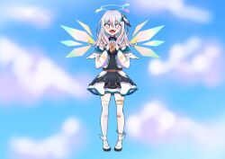 Rule 34 | 1girl, angel, arial yuriko, asymmetrical legwear, cloud, cloudy sky, commission, croissant, dress, feathers, flying, food, halo, highres, holding, holding food, multicolored eyes, multicolored hair, open mouth, shoes, simple background, skirt, sky, solo, sparkling eyes, virtual youtuber, vreverie, wings
