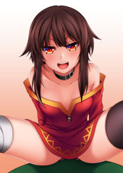 Rule 34 | 1girl, bandages, bare shoulders, blush, breasts, cleavage, collar, commentary request, hat, healther, kono subarashii sekai ni shukufuku wo!, long hair, looking at viewer, megumin, red eyes, short hair, small breasts, solo, thighhighs