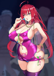 Rule 34 | 1girl, 2023, ahoge, artist logo, artist name, bag, blue eyes, bodycon, bracelet, breasts, candy, cleavage, clothing cutout, condom, covered erect nipples, dress, earrings, female focus, food, hand on own hip, handbag, heart, heart-shaped pupils, high school dxd, highleg, highleg panties, holding, holding food, jewelry, large breasts, lollipop, long hair, looking at viewer, merkonig, nail polish, navel, navel cutout, necklace, no bra, o-ring, panties, parted lips, pubic tattoo, purple dress, purple thighhighs, red hair, revealing clothes, rias gremory, skindentation, solo focus, standing, symbol-shaped pupils, tattoo, thick thighs, thighhighs, thighs, underboob, underwear, used condom