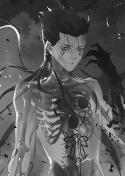 Rule 34 | 1boy, amberely, bodypaint, bone, claws, closed mouth, cu chulainn (fate), cu chulainn (fate) (all), cu chulainn (fate/stay night), cu chulainn alter (fate), cu chulainn alter (fate/grand order), dark persona, facepaint, fate/grand order, fate (series), floating hair, lancer, long hair, male focus, monochrome, monster boy, ribs, semi-transparent, skeleton, sky, solo, spiked hair, topless male, type-moon