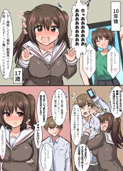 Rule 34 | ..., 1boy, 1girl, blush, breasts, brown hair, cellphone, comic, crossed arms, embarrassed, face punch, highres, in the face, large breasts, long sleeves, open mouth, original, phone, photo (object), punching, red eyes, school uniform, senshiya, skirt, smartphone, speech bubble, spoken ellipsis, text focus, thought bubble, translation request, tsundere, twintails, uniform, upper body