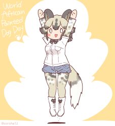 Rule 34 | 1girl, african wild dog (kemono friends), animal ears, arms up, boots, bow, bowtie, coroha, dog ears, dog girl, dog tail, extra ears, full body, grey hair, jumping, kemono friends, looking at viewer, pantyhose, shirt, short hair, shorts, simple background, solo, tail, yellow background