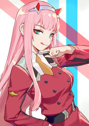 Rule 34 | 10s, 1girl, :q, aqua eyes, arm up, belt, blunt bangs, breasts, buttons, closed mouth, coat, darling in the franxx, double-breasted, eyeshadow, finger to own chin, hairband, highres, horns, jinyuan712, long hair, long sleeves, looking at viewer, makeup, medium breasts, military, military uniform, multicolored background, necktie, orange necktie, red coat, sidelocks, smile, solo, straight hair, tongue, tongue out, tsurime, uniform, upper body, very long hair, white hairband, zero two (darling in the franxx)