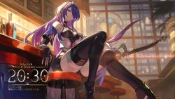 Rule 34 | 1girl, acheron (honkai: star rail), bar (place), bar stool, black footwear, black gloves, boots, closed mouth, coat, commentary request, crop top, earrings, fingerless gloves, gloves, hair over one eye, high heels, highres, holding, holding sword, holding weapon, honkai: star rail, honkai (series), indoors, jewelry, lack, long hair, looking up, purple eyes, purple hair, sitting, solo, stool, sword, thigh boots, very long hair, weapon, white coat
