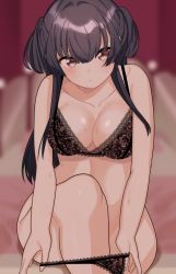 Rule 34 | 1girl, absurdres, black bra, black hair, black panties, blurry, blurry background, blush, bra, breasts, cleavage, closed mouth, collarbone, commentary, eyes visible through hair, feet out of frame, hair between eyes, highres, idolmaster, idolmaster shiny colors, lace, lace-trimmed bra, lace-trimmed panties, lace trim, long hair, looking at viewer, mayuzumi fuyuko, medium breasts, nadenade hutomomo, panties, panty pull, red eyes, sidelocks, sitting, solo, sweat, sweatdrop, two side up, underwear, underwear only, undressing