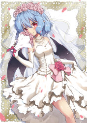 Rule 34 | 1girl, beni kurage, blush, bouquet, bow, bridal veil, closed mouth, dress, fang, fang out, flower, highres, holding, holding bouquet, light purple hair, looking at viewer, pink bow, pink flower, pink rose, pointy ears, red eyes, remilia scarlet, rose, short hair, smile, solo, touhou, veil, wedding dress, white dress