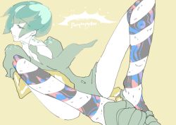 Rule 34 | androgynous, aqua hair, black necktie, character name, closed mouth, colored skin, crystal hair, dated, gender request, houseki no kuni, looking afar, necktie, other focus, phosphophyllite, puffy short sleeves, puffy sleeves, shoes, short hair, short sleeves, simple background, sitting, solo, spoilers, uniform, white skin