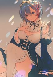 Rule 34 | 1girl, arm support, bare shoulders, blue eyes, blue hair, bow, bowtie, breasts, cleavage, closed mouth, commentary request, detached sleeves, dress, fingernails, gradient background, hair ornament, hand on own chest, hand up, highres, lips, lucidsky, maid, medium breasts, panties, puffy sleeves, re:zero kara hajimeru isekai seikatsu, rem (re:zero), short hair, signature, simple background, sitting, solo, thighhighs, thighs, underwear, white panties, white thighhighs, wide sleeves, x hair ornament