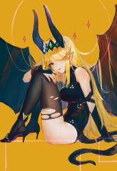 Rule 34 | 1girl, arm support, bare shoulders, black horns, black leotard, black thighhighs, black wings, blonde hair, breasts, bridal gauntlets, closed mouth, commentary, daible, earrings, fake horns, fake tail, from side, hair over one eye, halloween, hand on own knee, high heels, highres, horns, jewelry, knees up, leotard, long hair, looking at viewer, medium breasts, mythra (xenoblade), nail polish, one eye covered, pointy ears, purple nails, red wings, simple background, sitting, solo, tail, thighhighs, thighs, tongue, tongue out, torn clothes, torn thighhighs, very long hair, wings, xenoblade chronicles (series), xenoblade chronicles 2, yellow background, yellow eyes