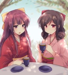 Rule 34 | 2girls, bow, brown hair, closed mouth, commentary, cup, drill hair, gradient hair, hair bow, hakama, hakama skirt, harukaze (kancolle), highres, hirune (konekonelkk), holding, holding cup, japanese clothes, kamikaze (kancolle), kantai collection, kimono, long hair, meiji schoolgirl uniform, multicolored hair, multiple girls, open mouth, outdoors, pink hair, pink hakama, pink kimono, purple eyes, purple hair, red bow, red eyes, red hakama, red kimono, revision, ribbon, saucer, skirt, table, tea, teacup, tree, tree shade, twin drills, yellow bow