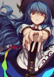 Rule 34 | 1girl, :&lt;, berabou, blue eyes, blue hair, chromatic aberration, food, frown, fruit, glaring, grey background, hands on hilt, hat, highres, hinanawi tenshi, leaf, long hair, looking at viewer, matching hair/eyes, peach, puffy short sleeves, puffy sleeves, red eyes, serious, shaded face, short sleeves, simple background, solo, sword, sword of hisou, touhou, weapon