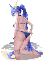 Rule 34 | 1girl, :q, absurdres, adjusting clothes, adjusting swimsuit, ass, azur lane, back, barefoot, bikini, blue bikini, blue eyes, blue hair, blush, bracelet, breasts, feet, from behind, full body, hair ornament, highres, jewelry, kaijiba, kneeling, large breasts, long hair, looking at viewer, looking back, new jersey (azur lane), new jersey (midsummer leisure) (azur lane), ponytail, soles, solo, swimsuit, thighs, toes, tongue, tongue out, very long hair