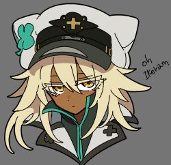 1girl blonde_hair clover colored_eyelashes dark-skinned_female dark_skin expressionless four-leaf_clover grey_eyes guilty_gear guilty_gear_strive hat head_only jacket kekeken orange_eyes ramlethal_valentine short_hair simple_background solo white_hat white_jacket